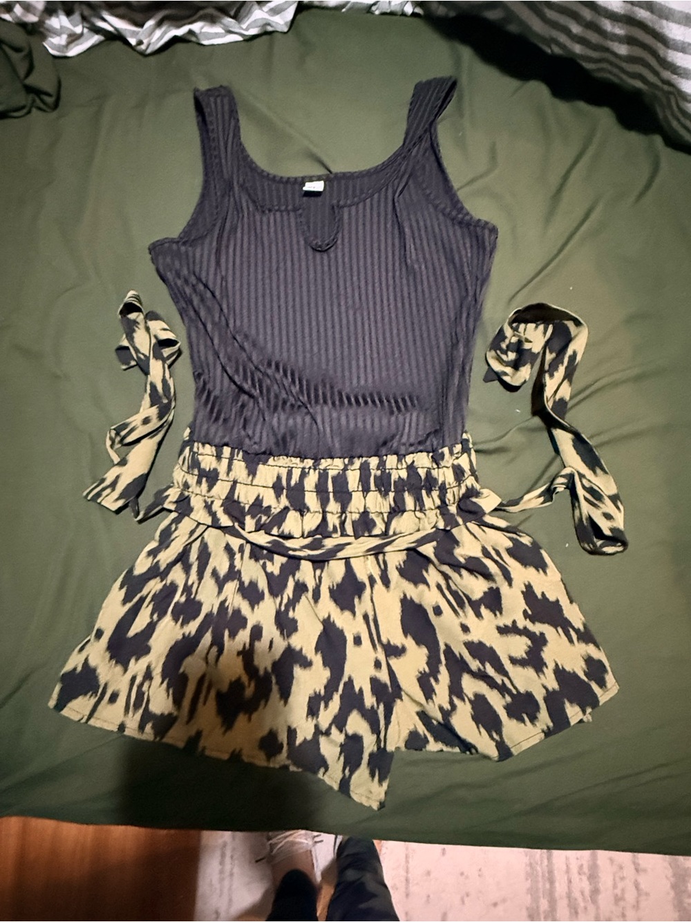 Ribbed Tank & Printed Skirt Set in Olive Green